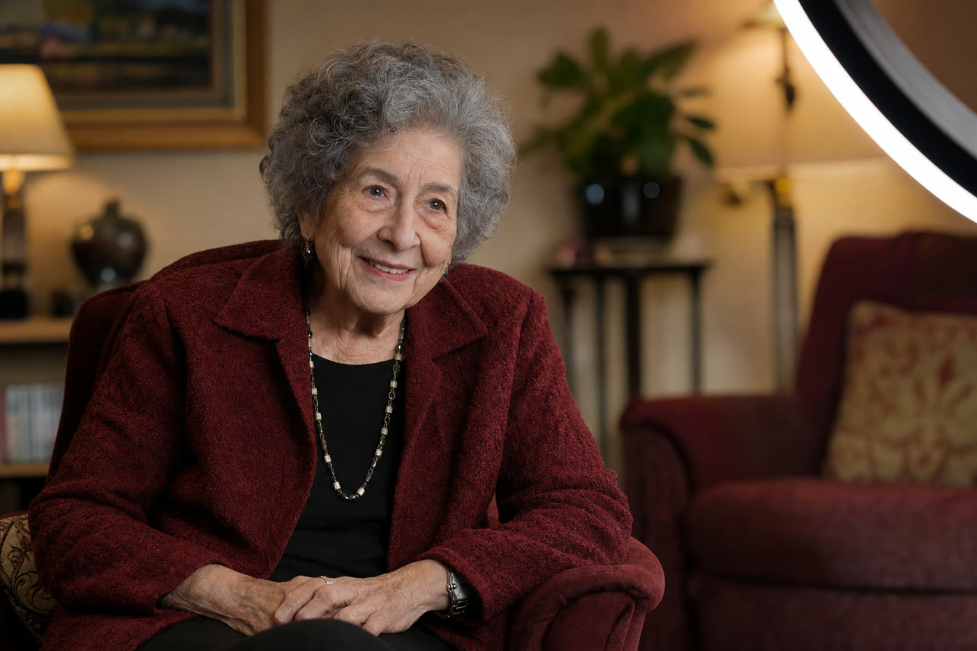 An elderly woman being warmly interviewed on camera under a soft aperture light, documentary-style, in a cozy room